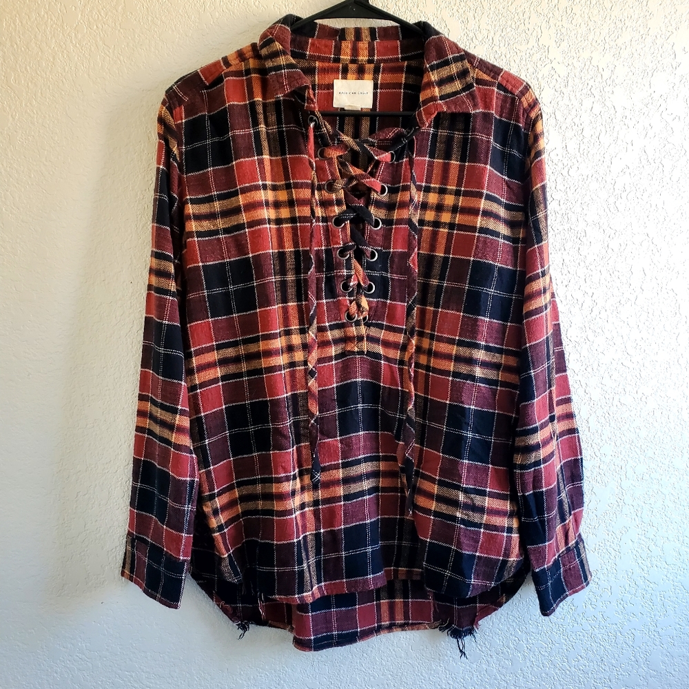 American Eagle Womens Red/Brown Flannel Cabincore Western Rodeo Cowgirl